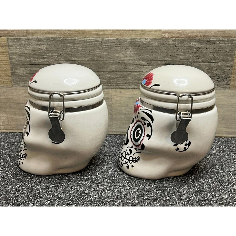 Day of the Dead Sugar Skull Ceramic Skull Ceramic Hinged Canister Cookie Jar Set